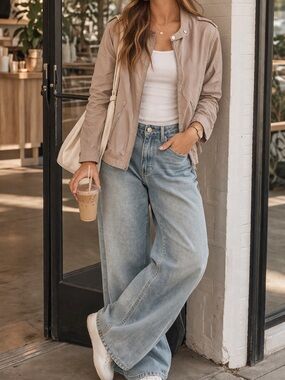 Lightweight Casual Moto Jacket Khaki S